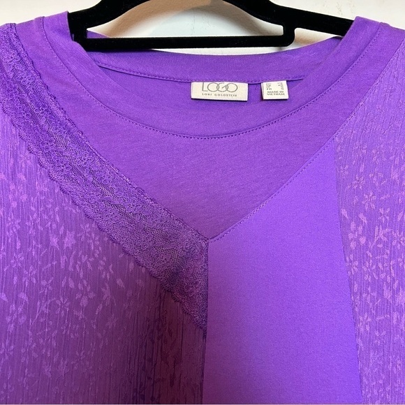 LOGO by Lori Goldstein Purple Short Sleeve High Low Lace Accent Top Sz.XS - Picture 11 of 16